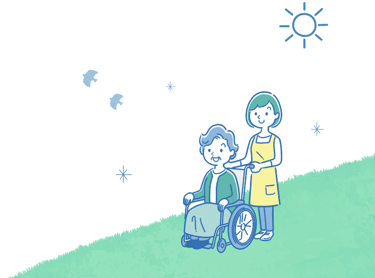 介護士と車椅子に乗ったおばあさまのイラスト